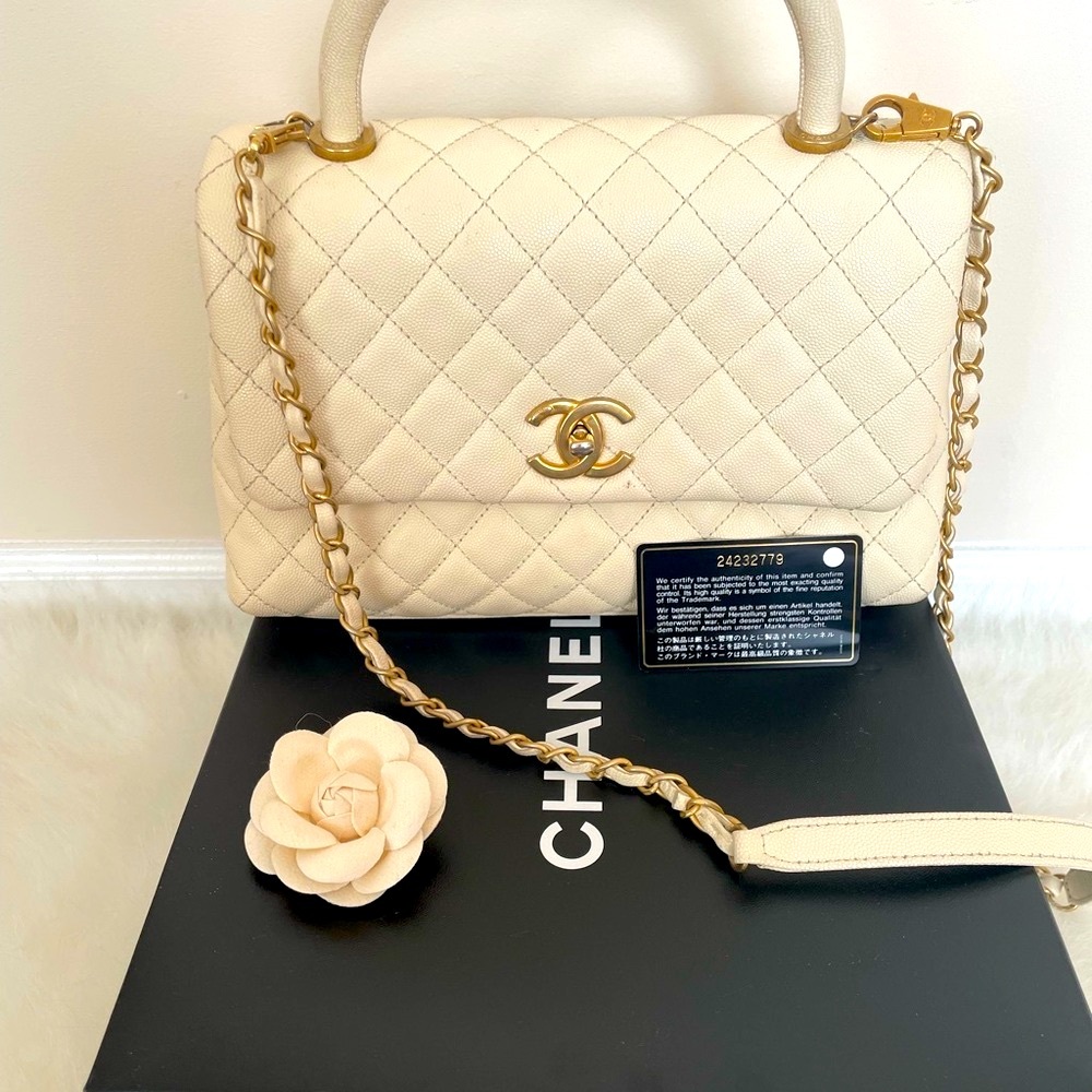 Chanel medium coco top handle quilted caviar .gold hardware